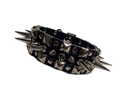 Black faux leather collar with alternating spikes and pyramid studs front view