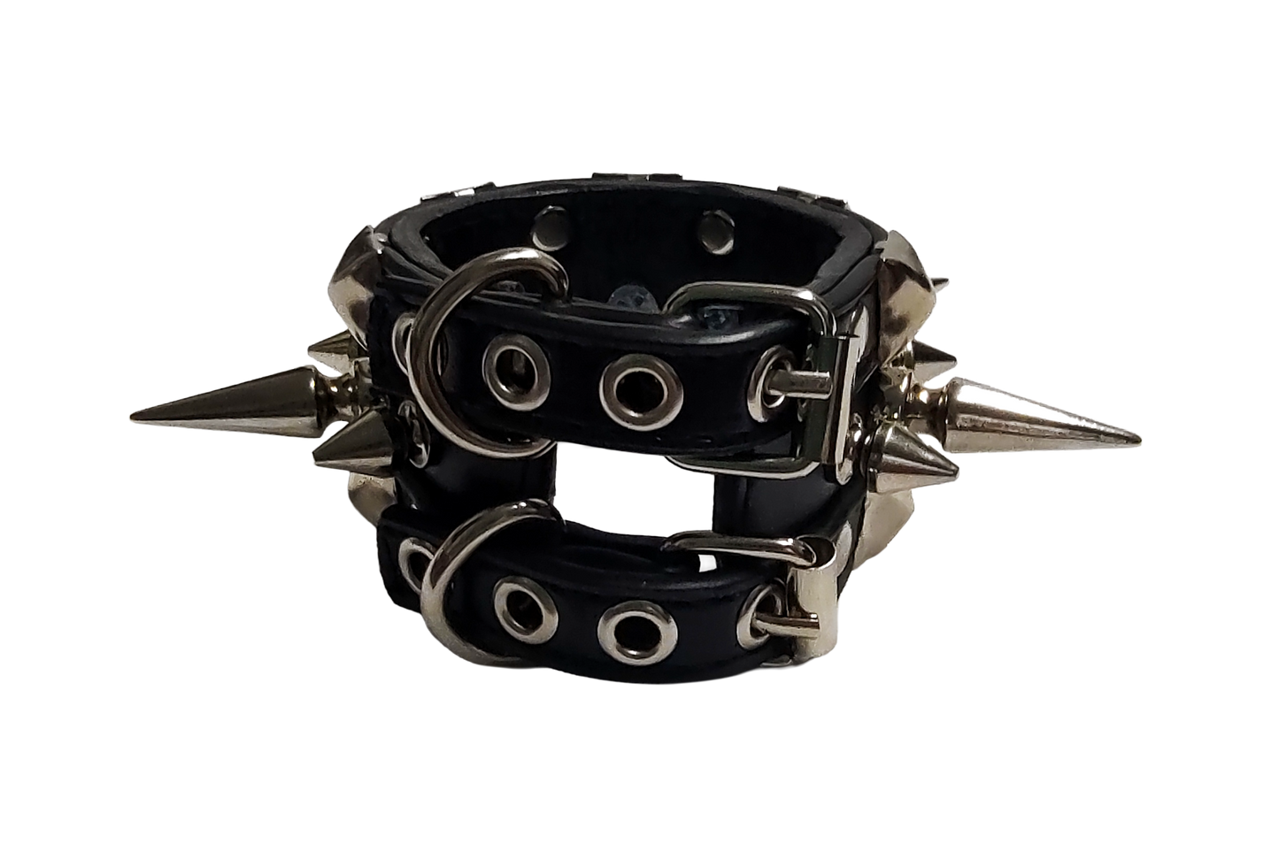Black faux leather studded cuff with alternating tree spikes back view