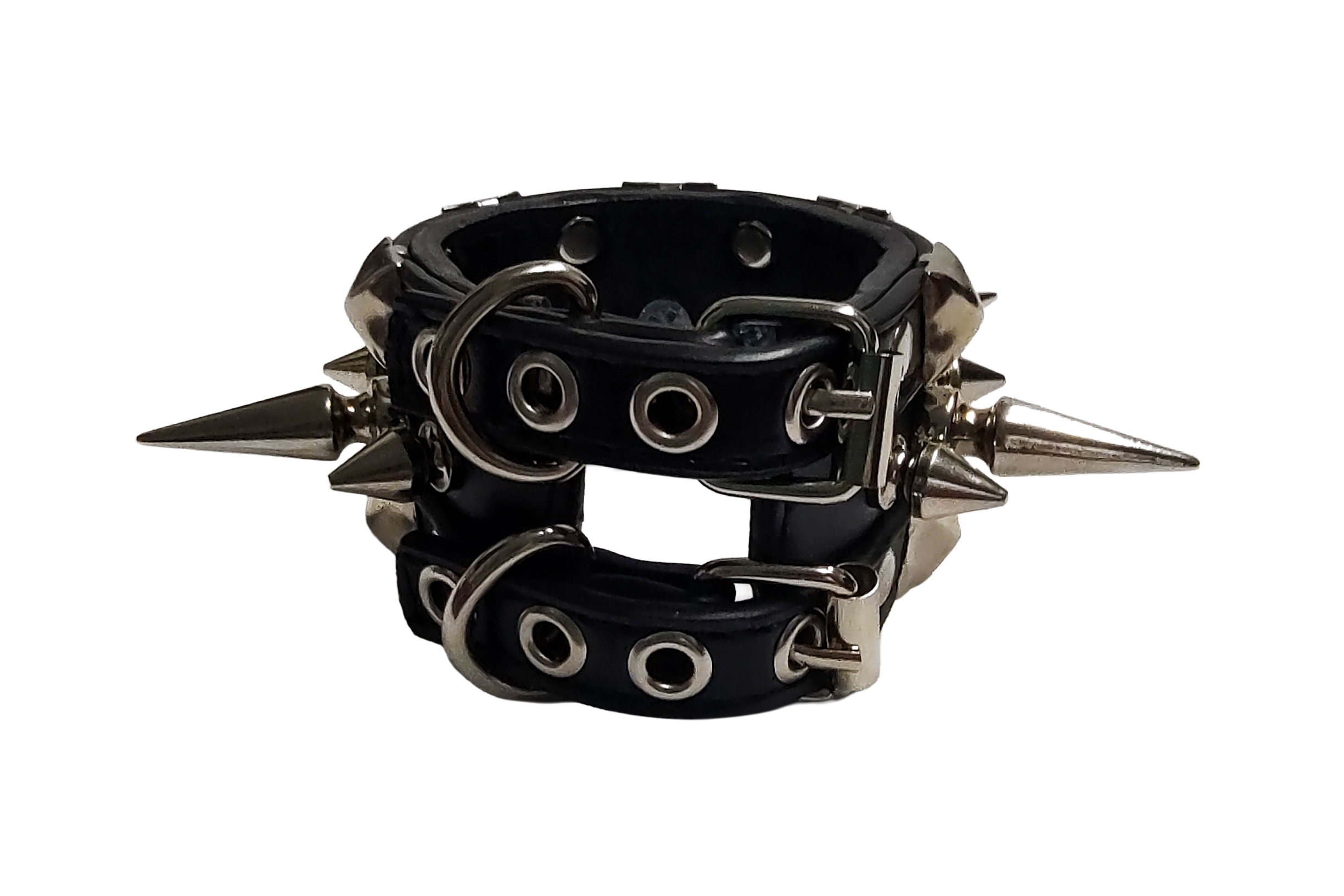 Black faux leather studded cuff with alternating tree spikes back view