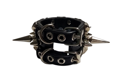 Black faux leather studded cuff with alternating tree spikes back view