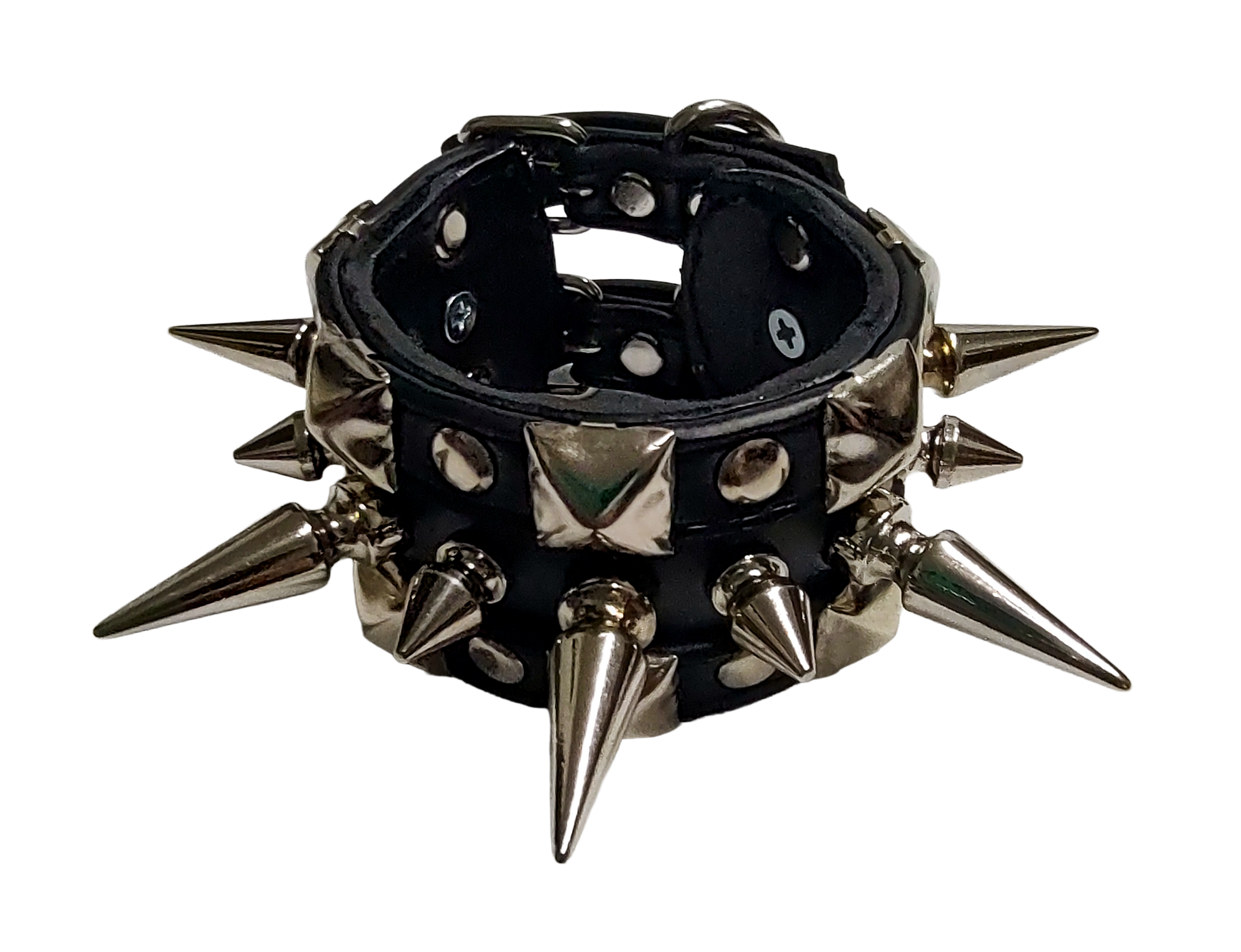 Black faux leather studded cuff with alternating tree spikes top front view