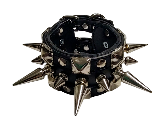 Black faux leather studded cuff with alternating tree spikes top front view