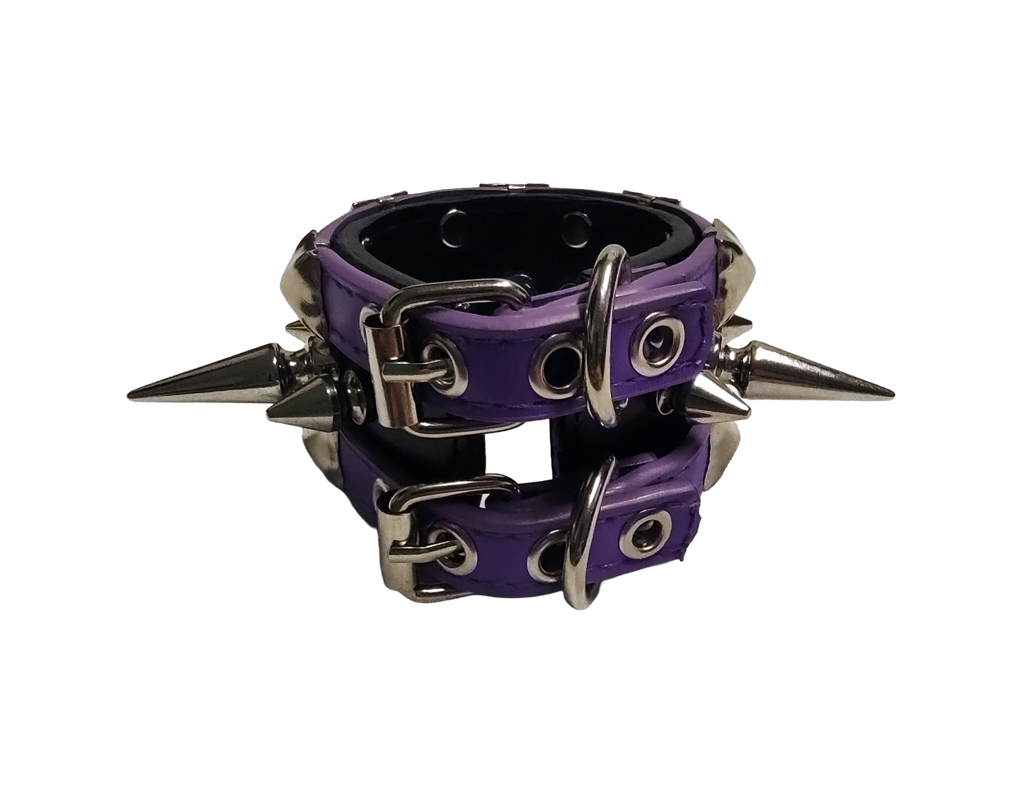Purple and black faux leather cuff bracelet with alternating tree spikes rivets and pyramid studs back view