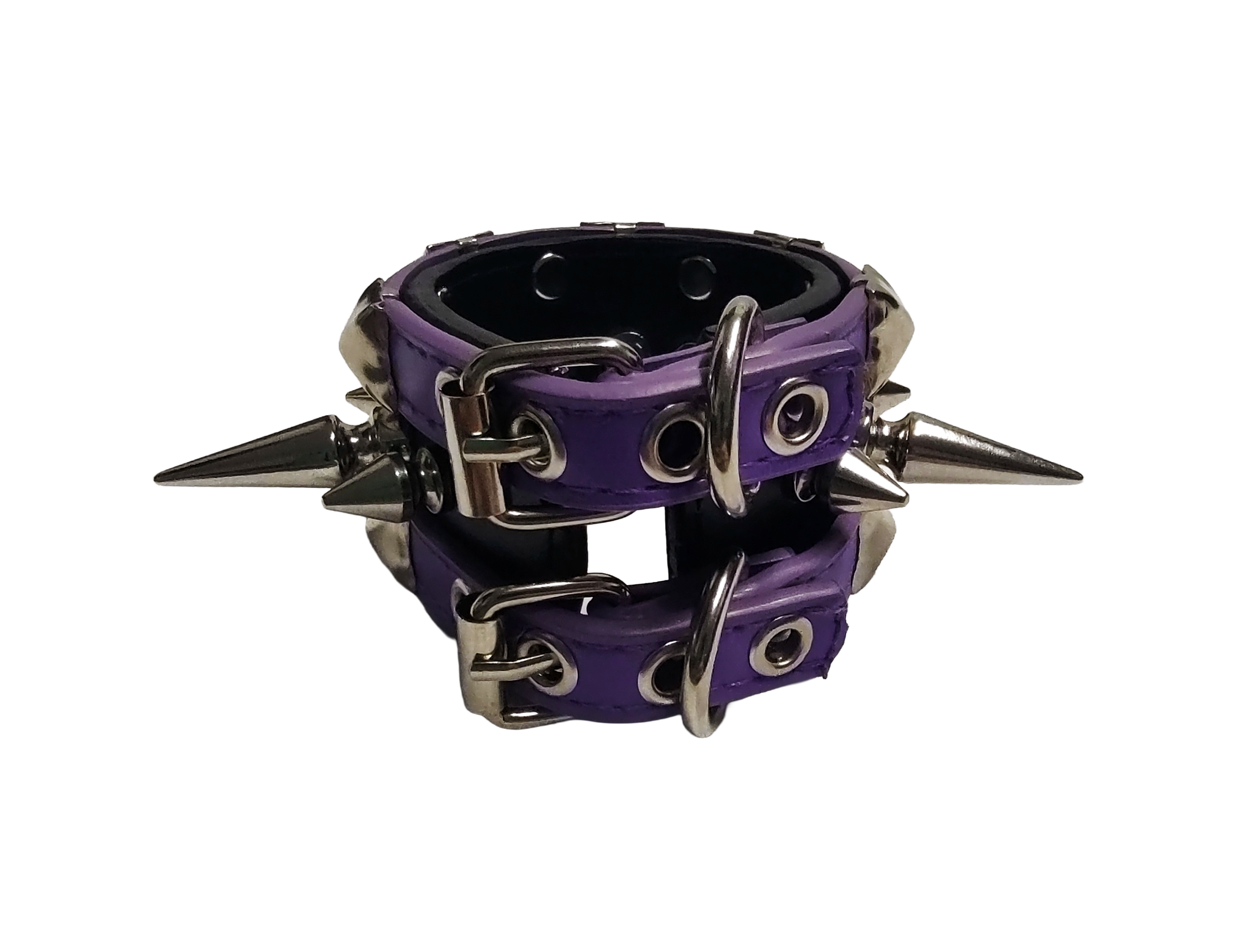 Purple and black faux leather cuff bracelet with alternating tree spikes rivets and pyramid studs back view