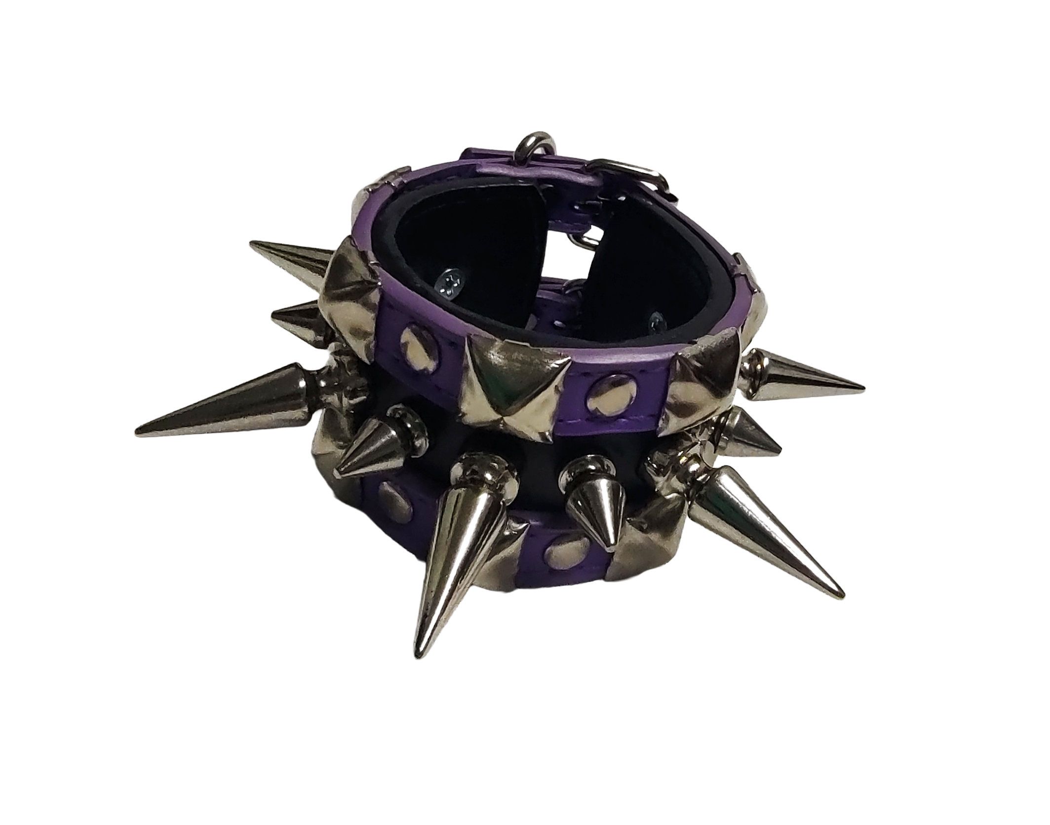 Purple and black faux leather cuff bracelet with alternating tree spikes rivets and pyramid studs front view