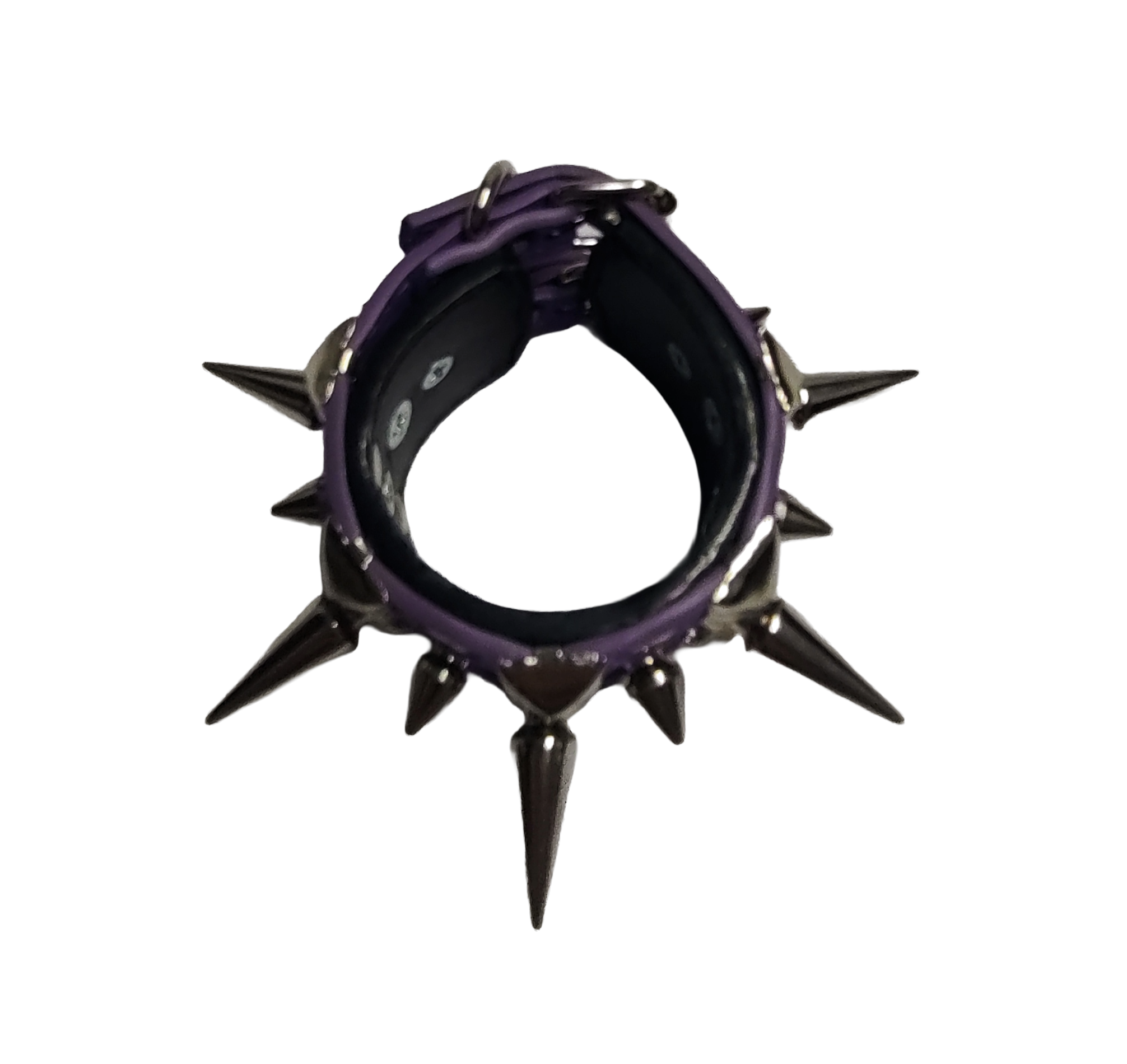 Purple and black faux leather cuff bracelet with alternating tree spikes rivets and pyramid studs top view