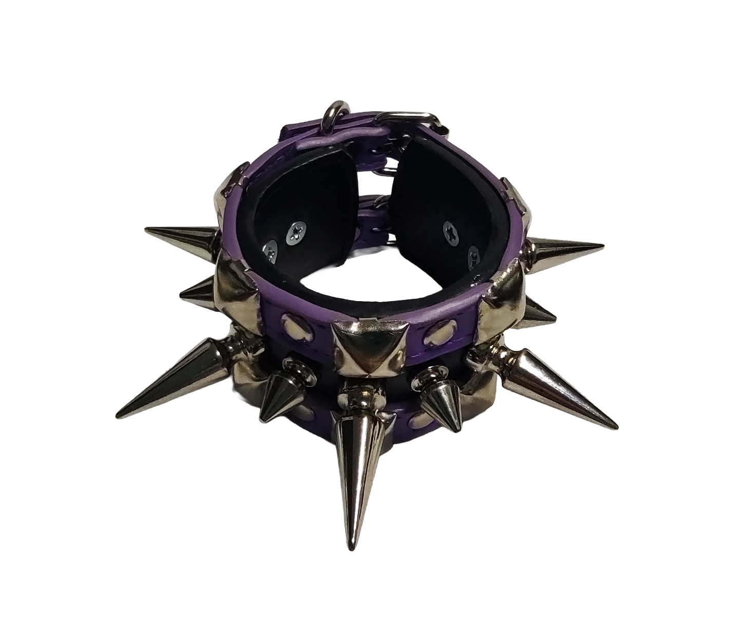 Purple and black faux leather cuff bracelet with alternating tree spikes rivets and pyramid studs top front view