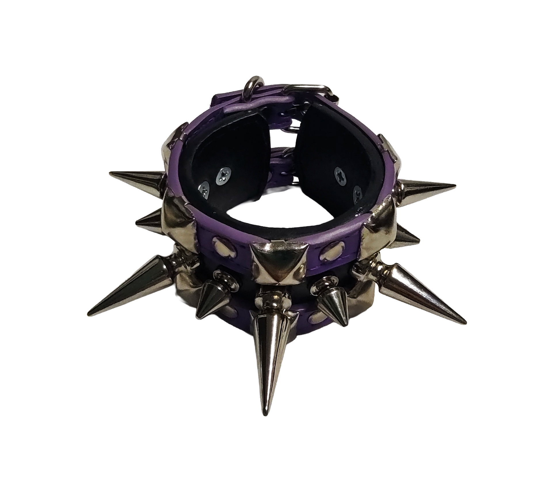 Purple and black faux leather cuff bracelet with alternating tree spikes rivets and pyramid studs top front view