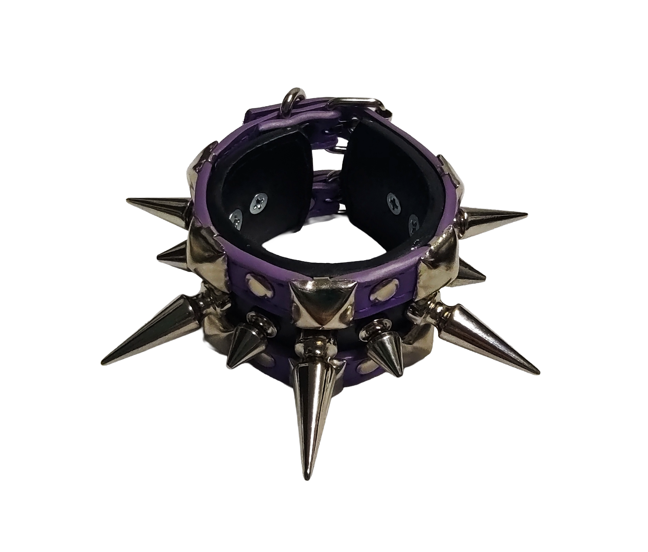 Purple and black faux leather cuff bracelet with alternating tree spikes rivets and pyramid studs top front view