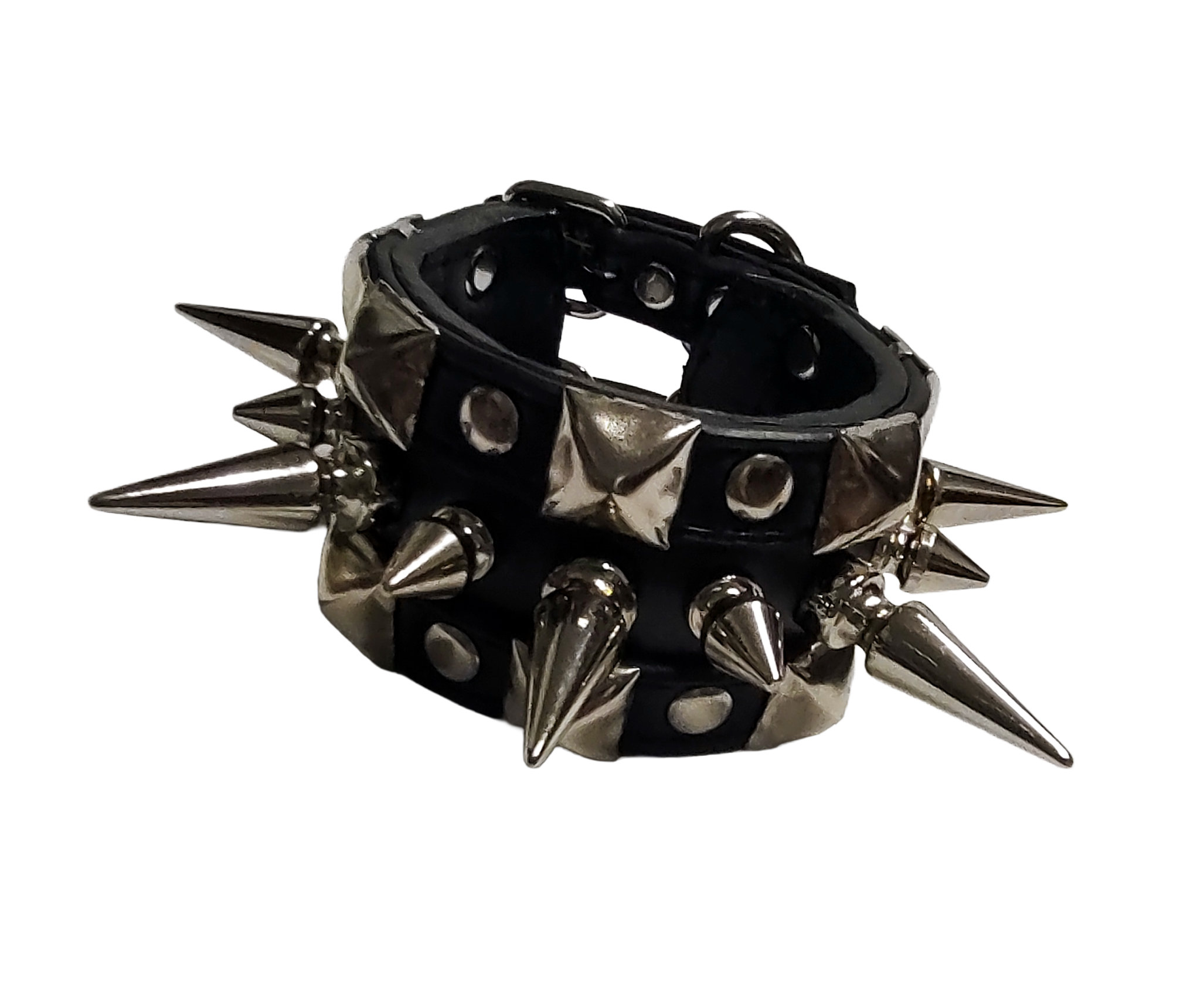 Black faux leather studded cuff with alternating tree spikes front view
