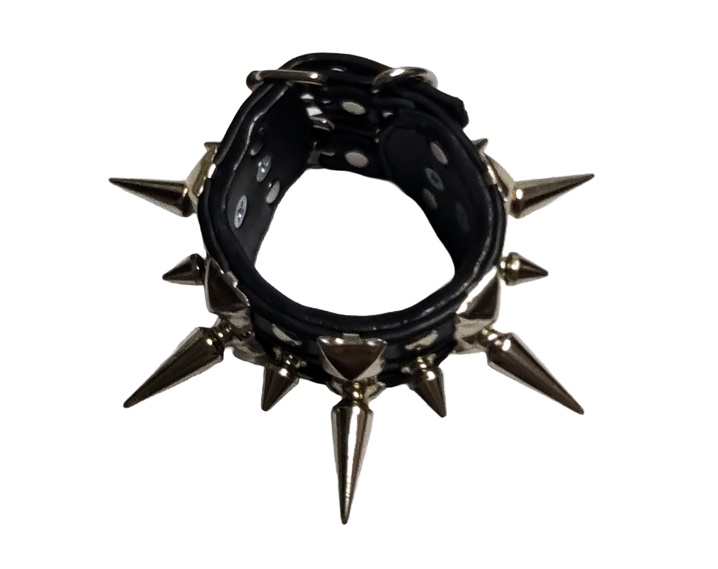 Black faux leather studded cuff with alternating tree spikes top view