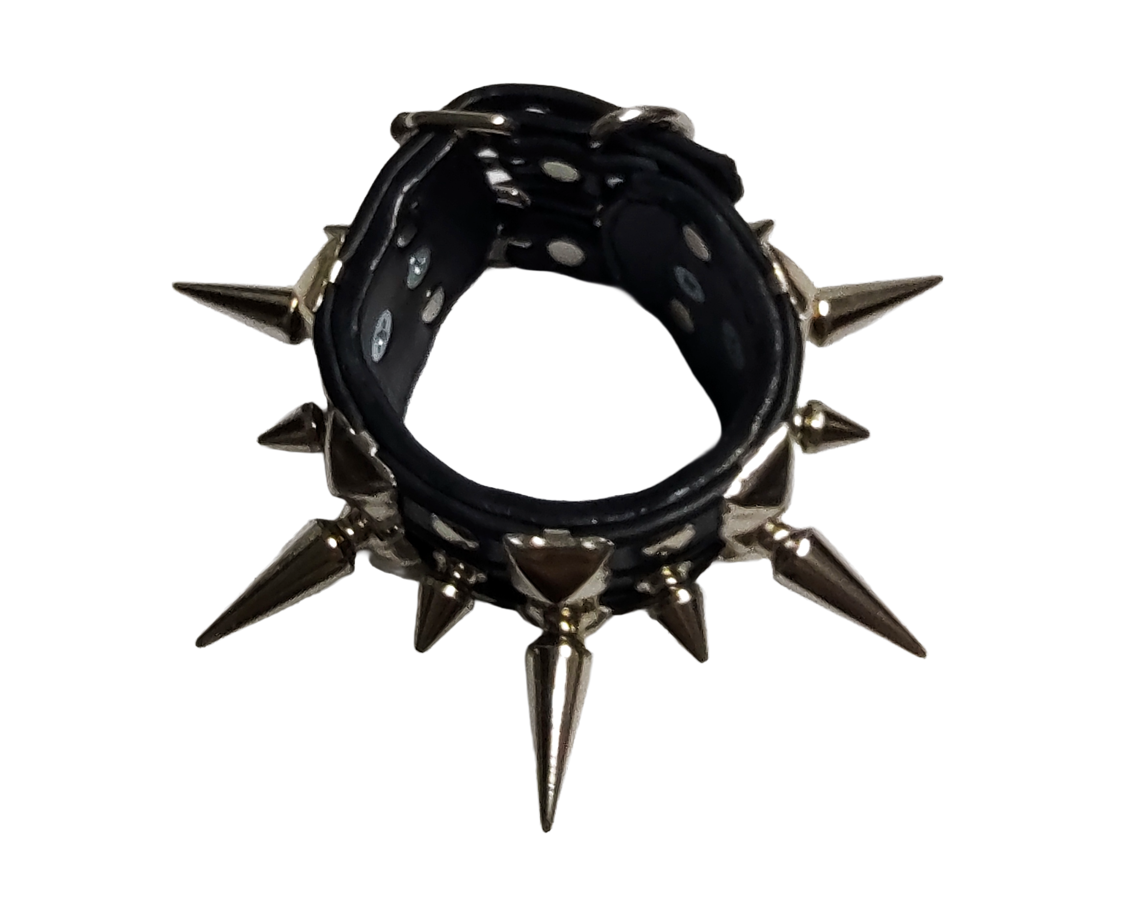Black faux leather studded cuff with alternating tree spikes top view