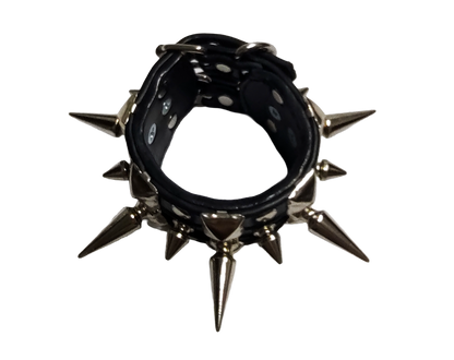 Black faux leather studded cuff with alternating tree spikes top view