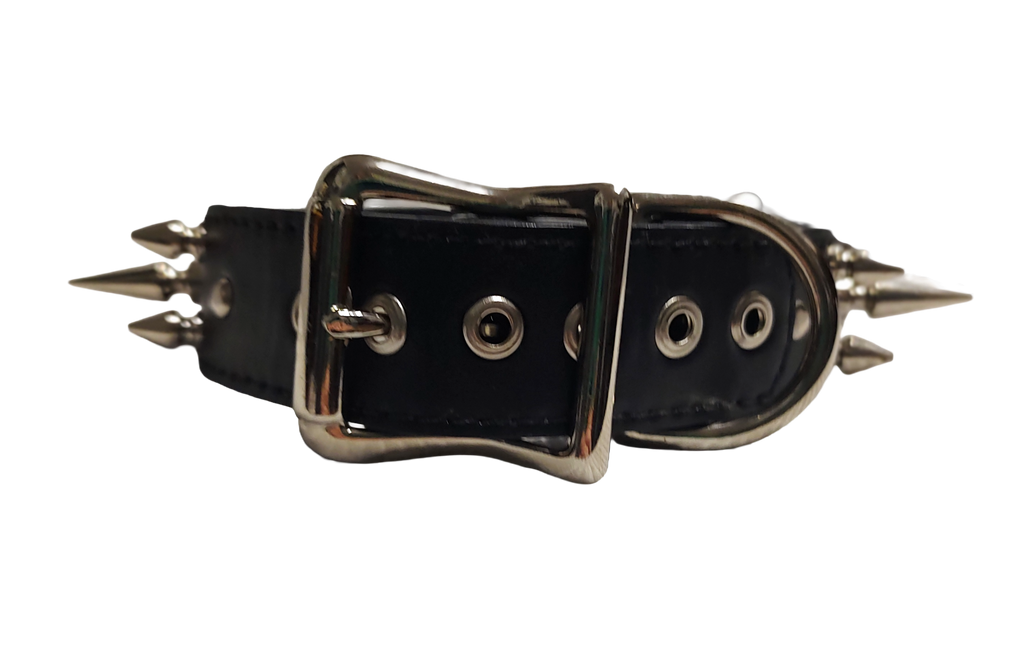 Black faux leather collar  with 3 rows of spikes and center coachman loops and ring back view