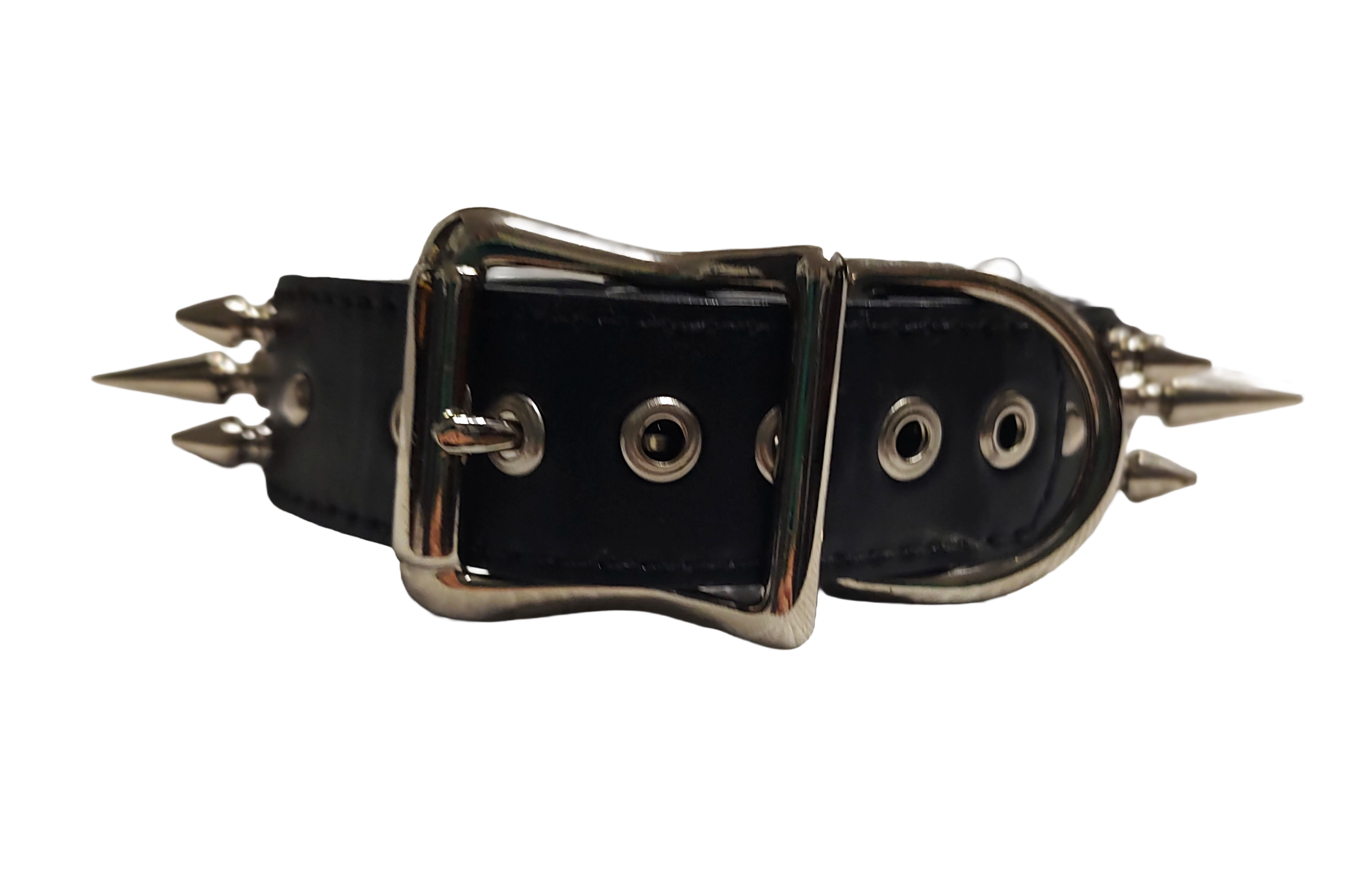 Black faux leather collar  with 3 rows of spikes and center coachman loops and ring back view
