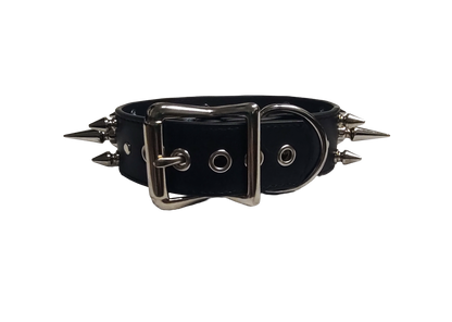 Black faux leather 3 row spiked collar with halter ring and coachman loops back view