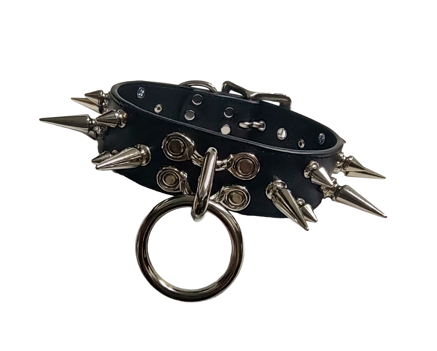 Black faux leather 3 row spiked collar with halter ring and coachman loops front view