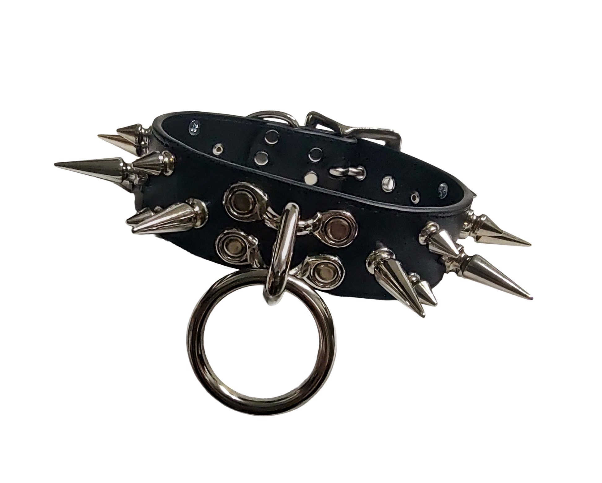 Black faux leather 3 row spiked collar with halter ring and coachman loops front view