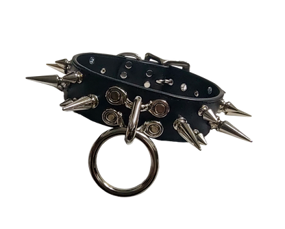 Black faux leather 3 row spiked collar with halter ring and coachman loops front view