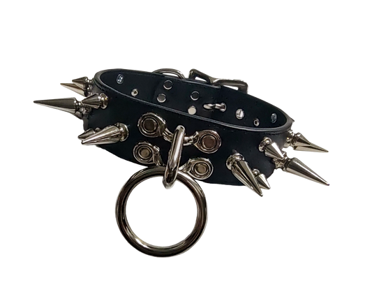 Black faux leather 3 row spiked collar with halter ring and coachman loops front view