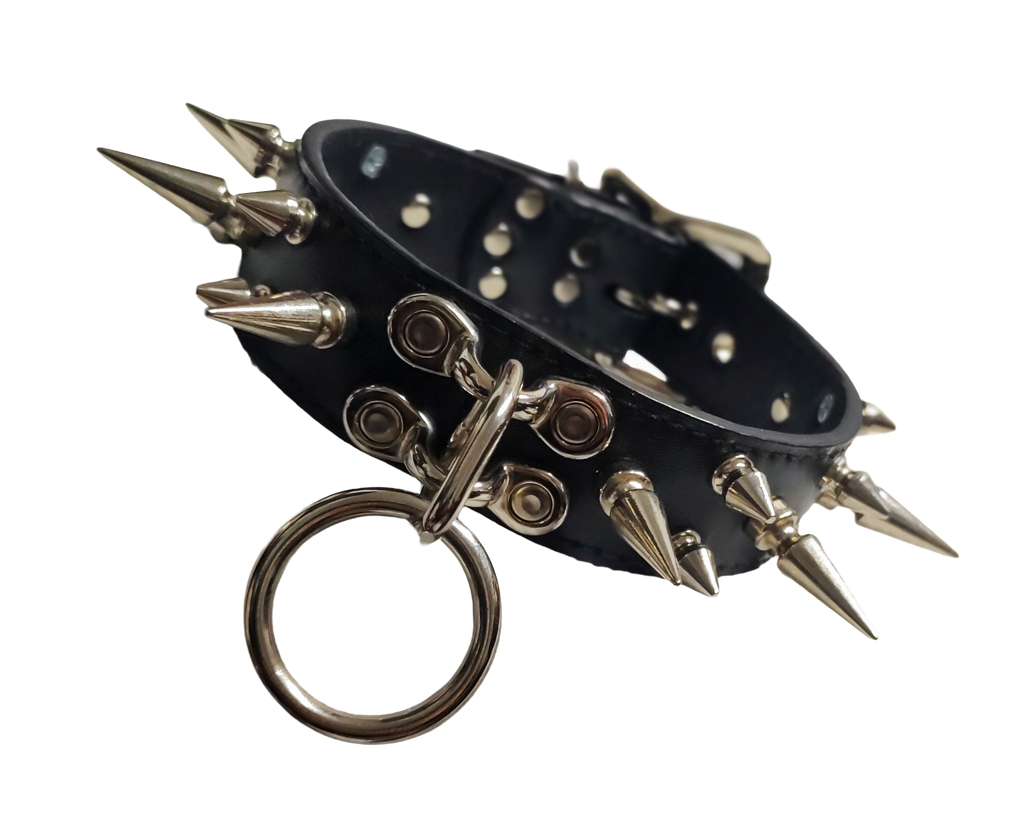Black faux leather collar  with 3 rows of spikes and center coachman loops and ring front view