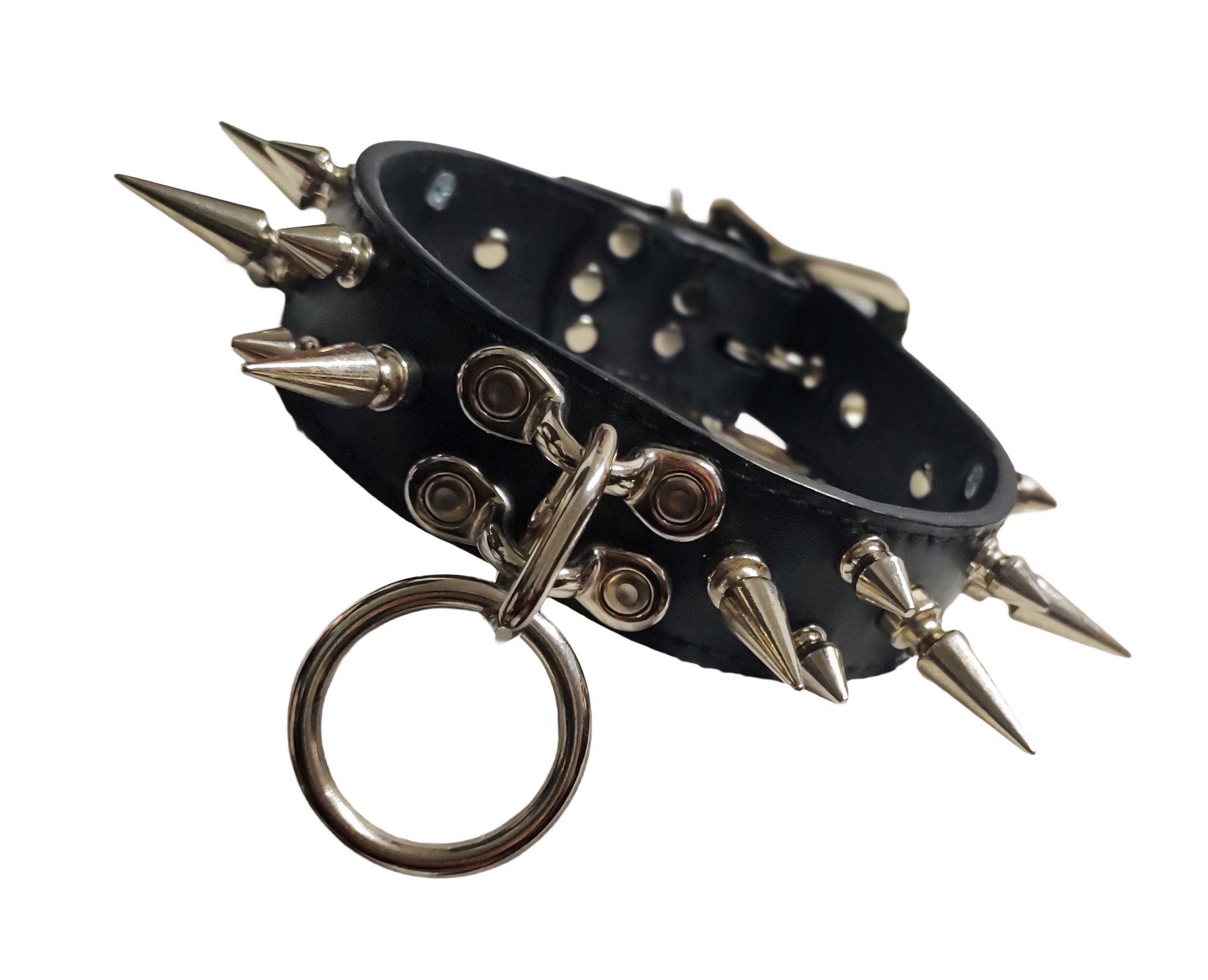Black faux leather collar  with 3 rows of spikes and center coachman loops and ring front view