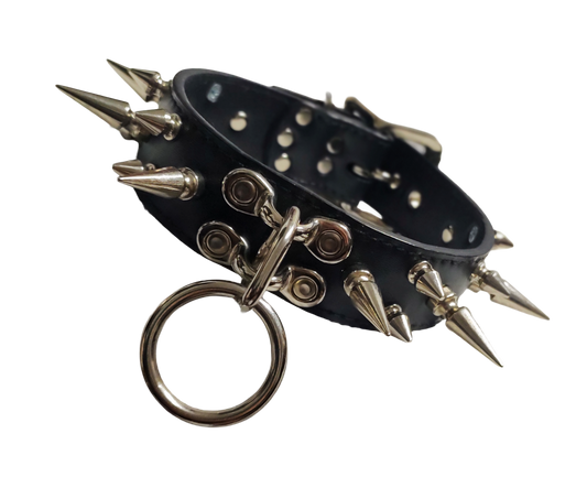 Black faux leather collar  with 3 rows of spikes and center coachman loops and ring front view