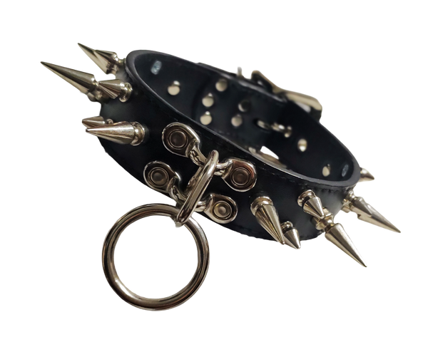 Black faux leather collar  with 3 rows of spikes and center coachman loops and ring front view