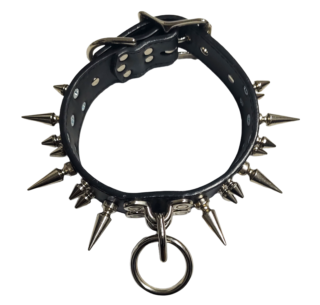 Black faux leather collar  with 3 rows of spikes and center coachman loops and ring top view