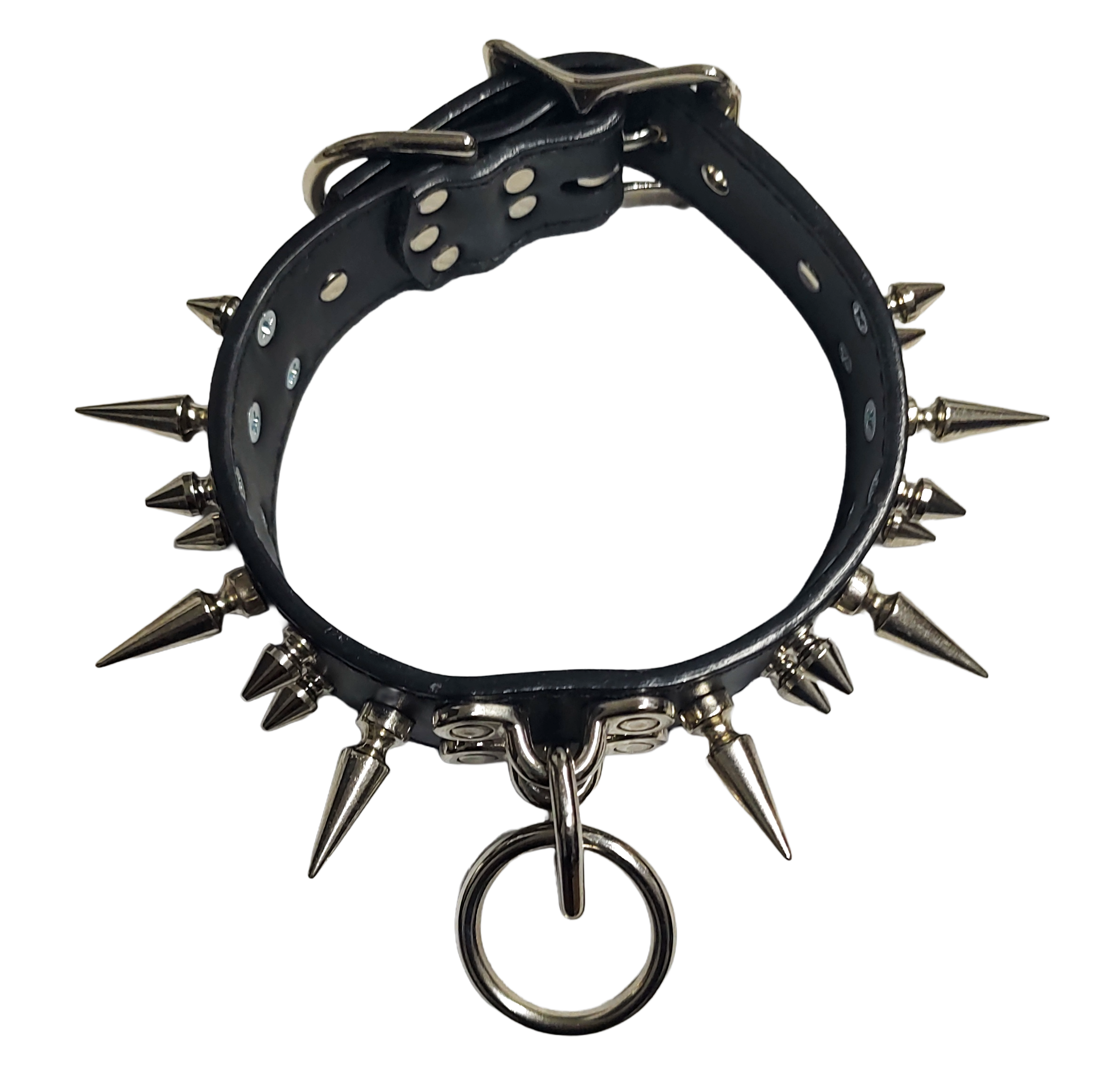 Black faux leather collar  with 3 rows of spikes and center coachman loops and ring top view
