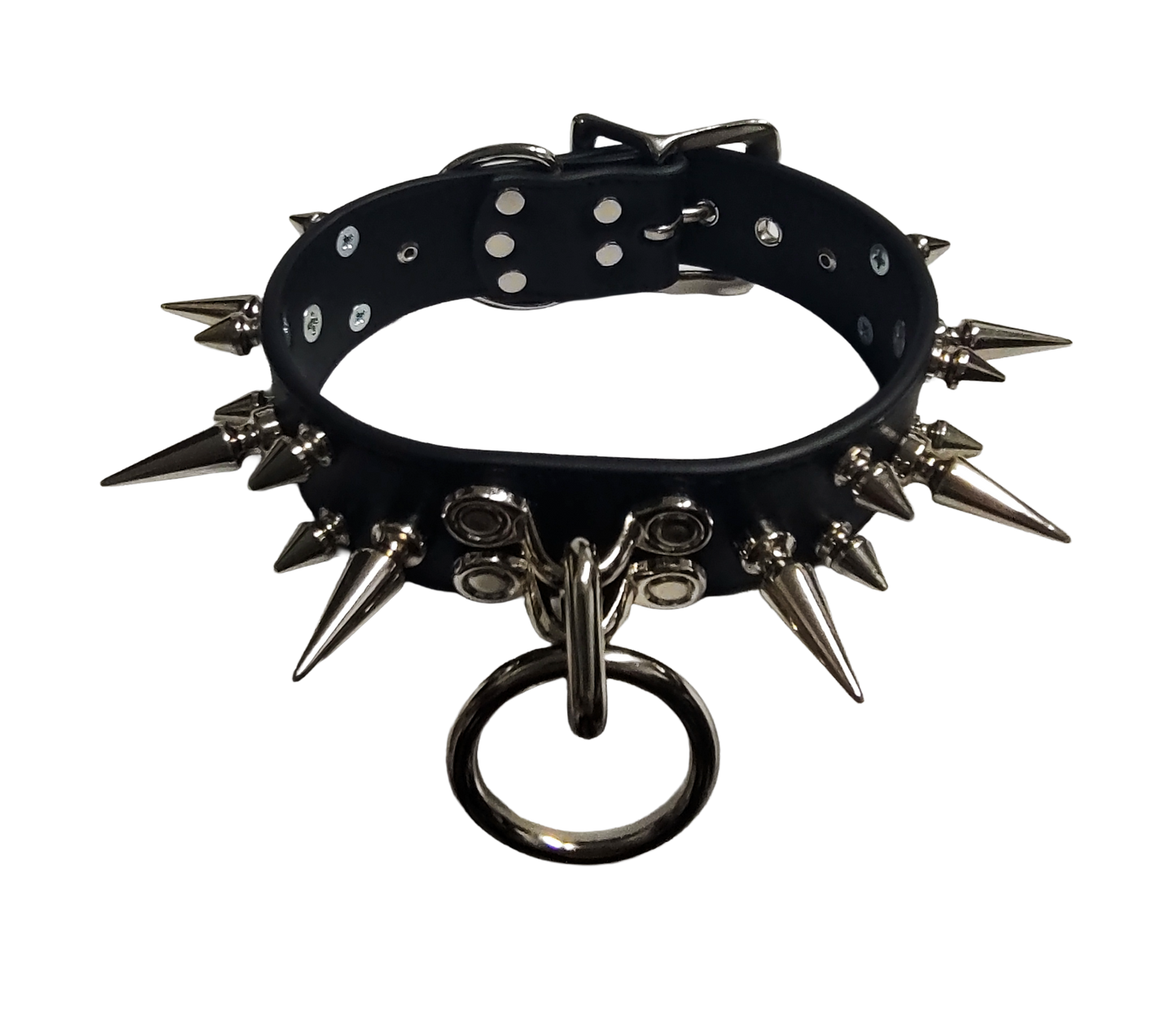 Black faux leather 3 row spiked collar with halter ring and coachman loops top front view