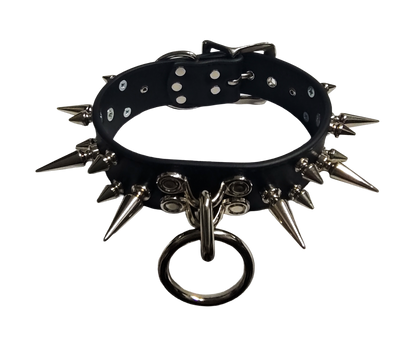 Black faux leather 3 row spiked collar with halter ring and coachman loops top front view