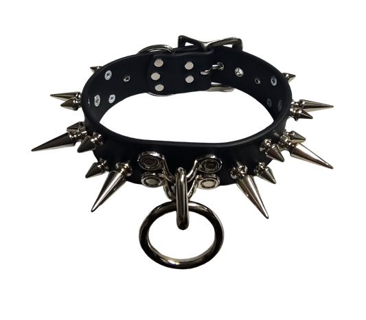 Black faux leather 3 row spiked collar with halter ring and coachman loops top front view