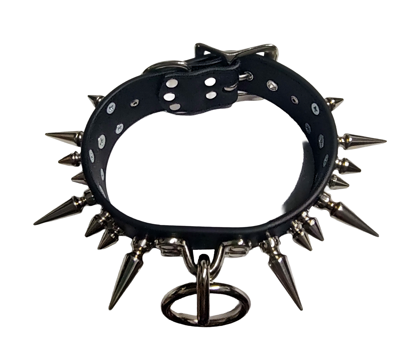 Black faux leather 3 row spiked collar with halter ring and coachman loops top view