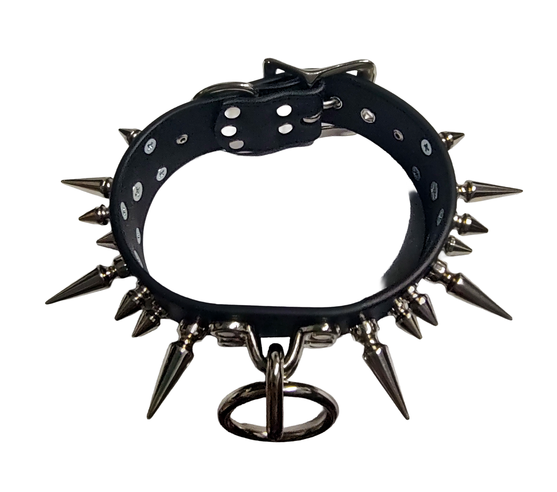 Black faux leather 3 row spiked collar with halter ring and coachman loops top view