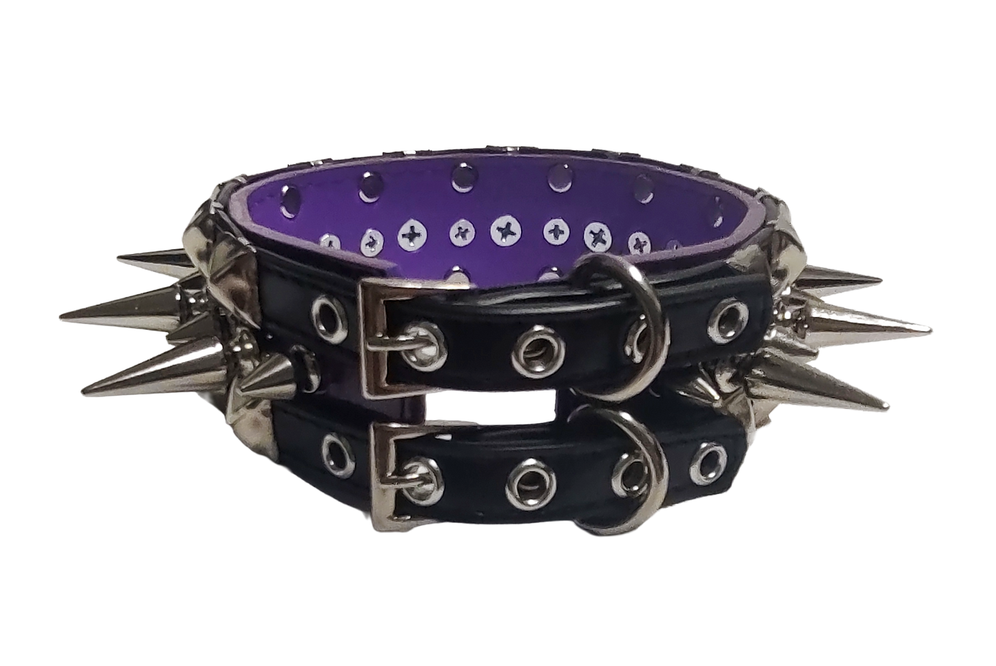 Black and purple faux leather collar with alternating spikes and pyramid studs back view
