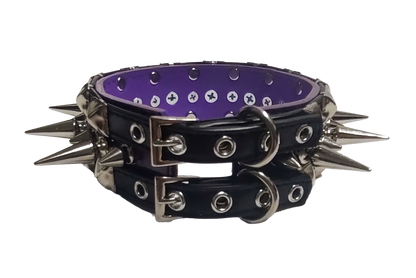 Black and purple faux leather collar with alternating spikes and pyramid studs back view