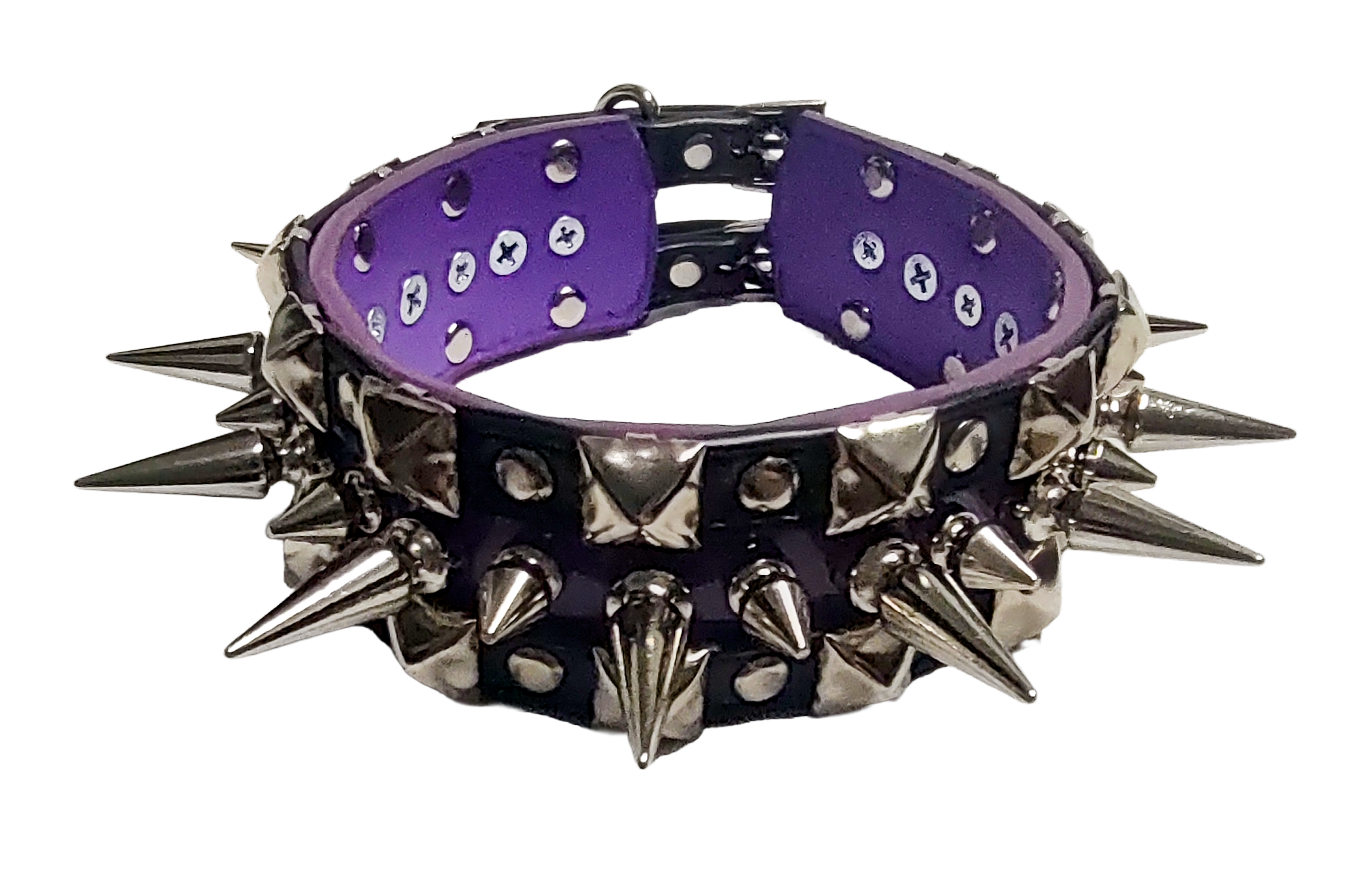 Black and purple faux leather collar with alternating spikes and pyramid studs top front view