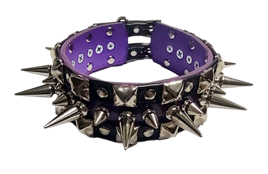 Black and purple faux leather collar with alternating spikes and pyramid studs top front view