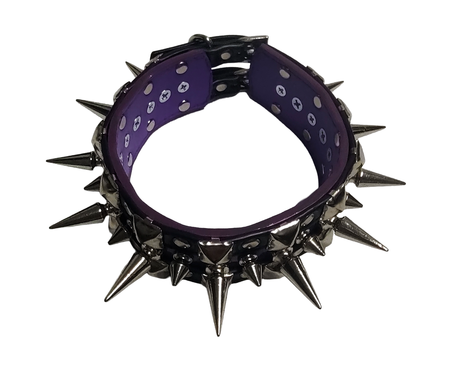 Black and purple faux leather collar with alternating spikes and pyramid studs top view