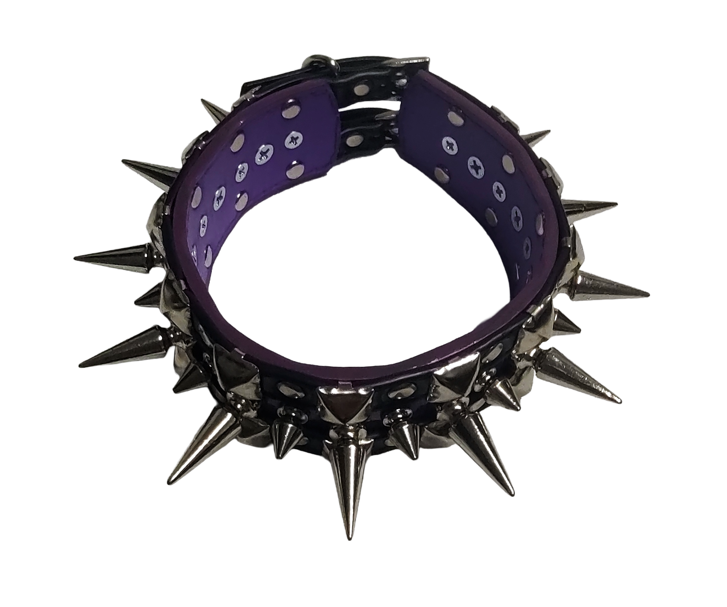 Black and purple faux leather collar with alternating spikes and pyramid studs top view
