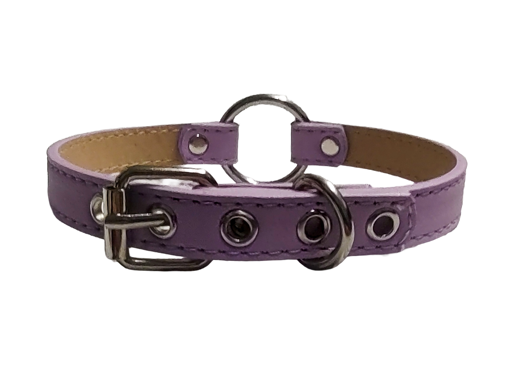 Pastel purple faux leather ring collar with o-ring back view