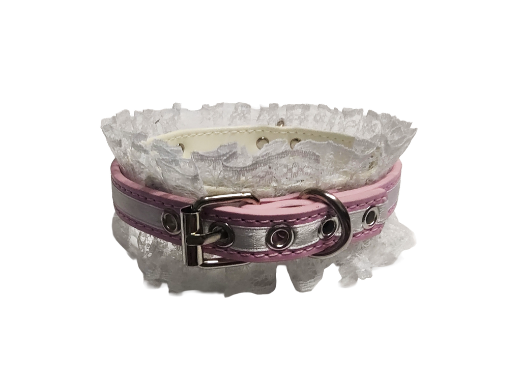 Lucky Star Lace Ring Collar - Faux Leather White and Pink Lace Choker with Halter Ring