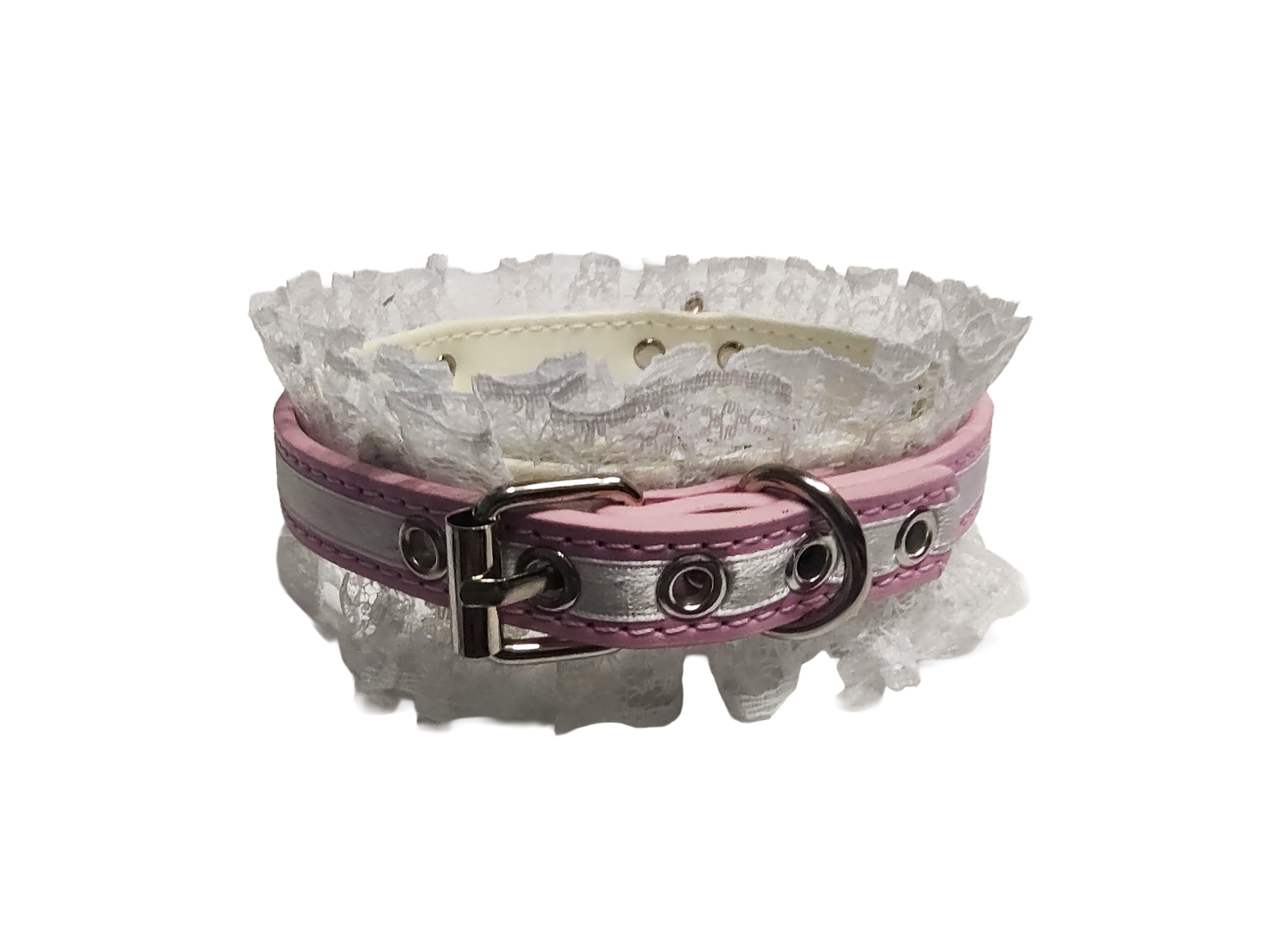 Lucky Star Lace Ring Collar - Faux Leather White and Pink Lace Choker with Halter Ring