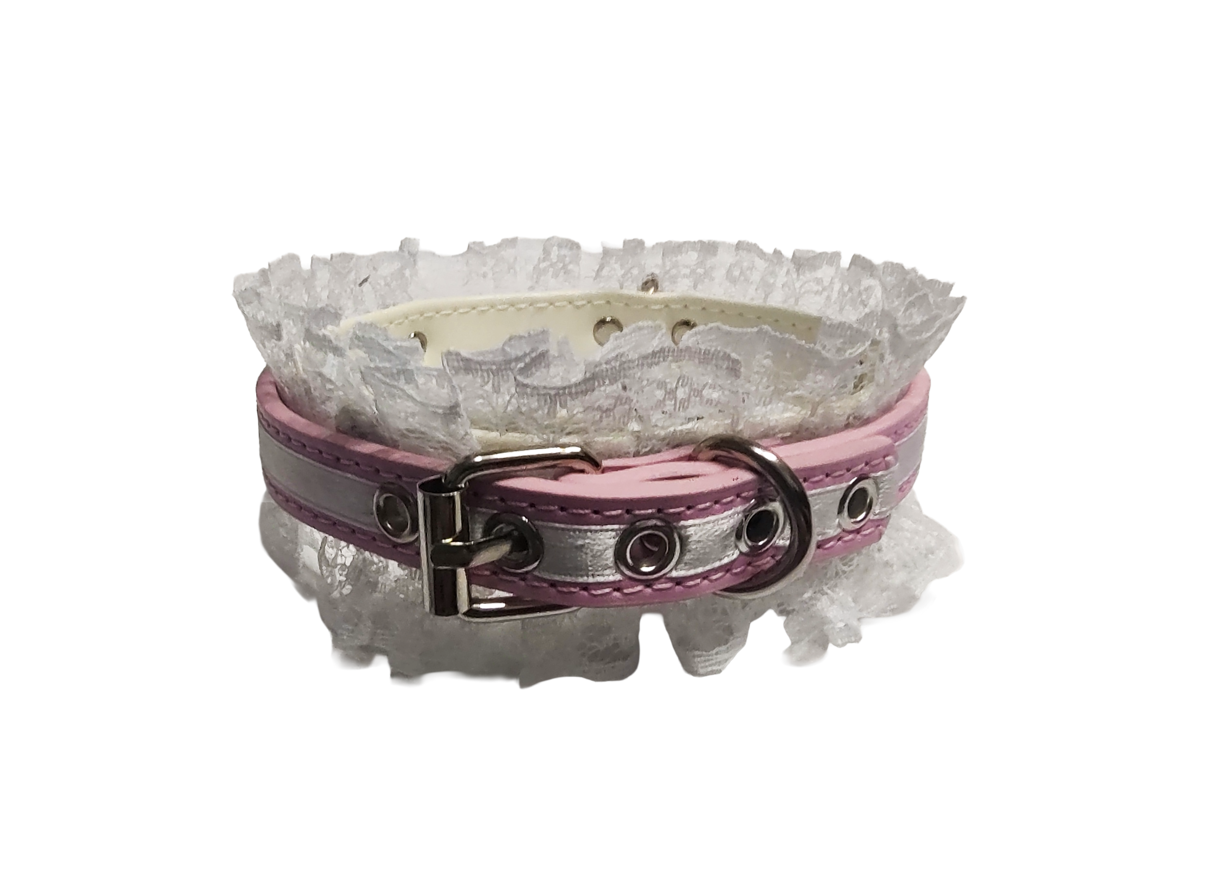 Lucky Star Lace Ring Collar - Faux Leather White and Pink Lace Choker with Halter Ring