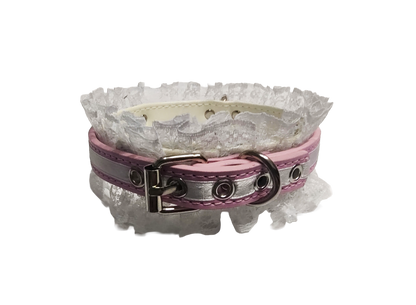 Lucky Star Lace Ring Collar - Faux Leather White and Pink Lace Choker with Halter Ring