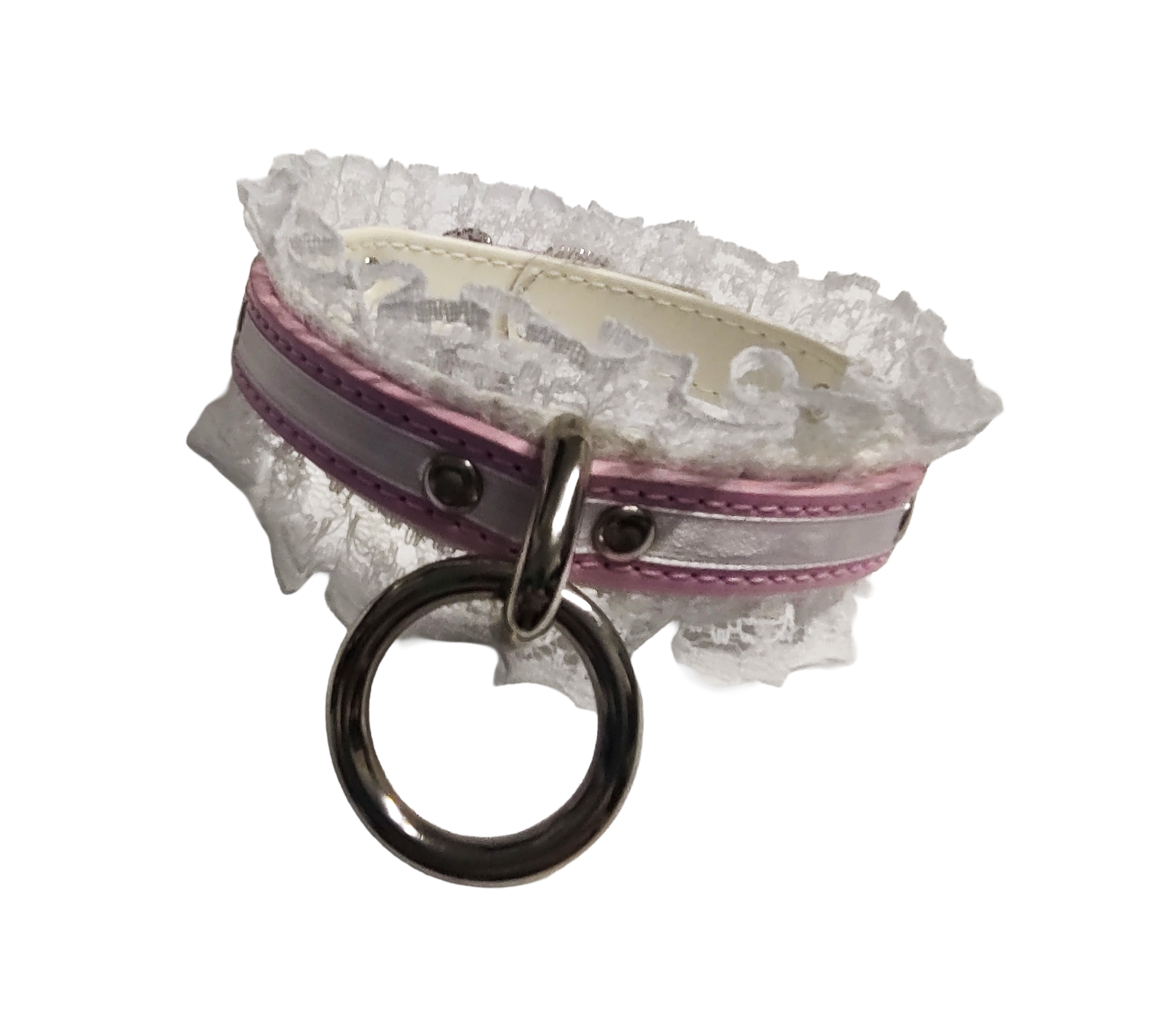 Lucky Star Lace Ring Collar - Faux Leather White and Pink Lace Choker with Halter Ring