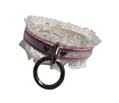 Lucky Star Lace Ring Collar - Faux Leather White and Pink Lace Choker with Halter Ring