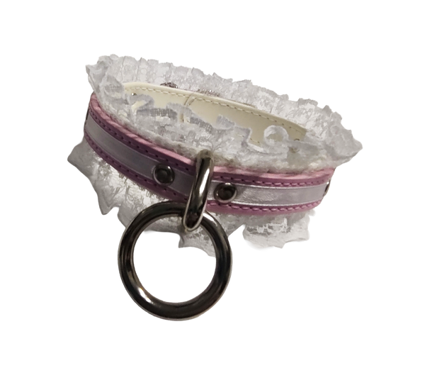 Lucky Star Lace Ring Collar - Faux Leather White and Pink Lace Choker with Halter Ring