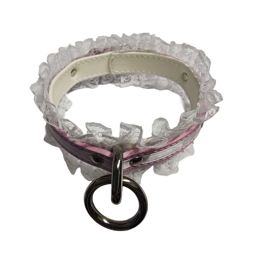 Lucky Star Lace Ring Collar - Faux Leather White and Pink Lace Choker with Halter Ring